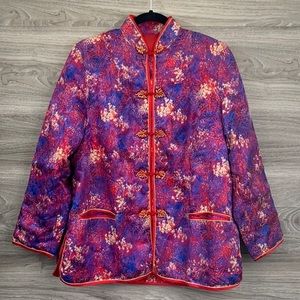 RARE Asian silk floral jacket red blue ivory shacket pockets